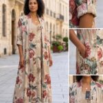 Çiçek Desenli İtalyan Keten Kimono Elbise Takımı