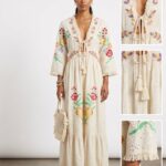 Kadın Çiçek Nakışlı Boho Uzun Elbise